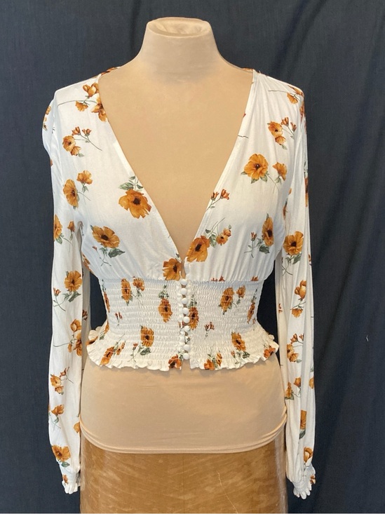 Forever 21 Tops - Forever 21 White Floral Smocked Peplum Blouse with Yellow Flowers & Full Sleeves